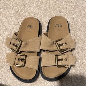 ZARA Kids Tan Suede Double-Strap Buckle Slide Sandals size 13